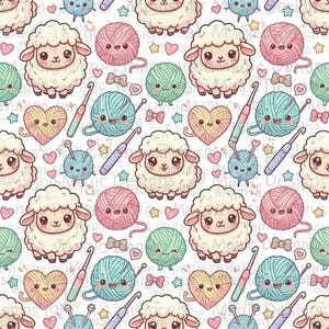 Könnte beinhalten: Ein sich wiederholendes Muster mit Cartoon-Schafen, Wollknäueln, Häkelnadeln, Herzen und Schleifen in Pastellfarben. Das Design ist vor einem weißen Hintergrund angeordnet und erzeugt eine skurrile und handwerkliche Ästhetik.
