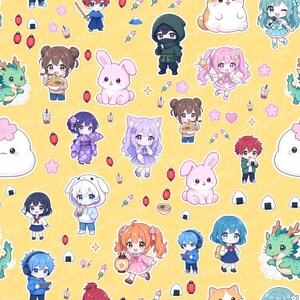 Naadloos Kawaii Anime-patroon, schattige Japanse chibi-personages, Sakura konijn draak stofontwerp, digitaal papier, herhalend patroon PNG