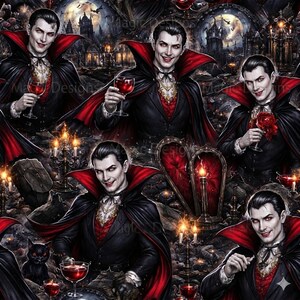 Könnte beinhalten: Digitale Illustration mit einem Vampir in einem schwarzen Anzug, roter Weste und Umhang, der ein Glas Rotwein und eine rote Rose hält. Der Hintergrund zeigt ein gotisches Schloss, Kerzen und eine schwarze Katze.