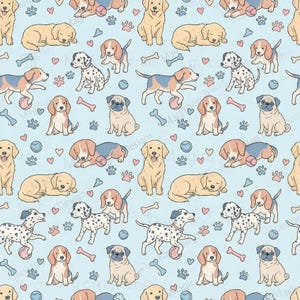 Könnte beinhalten: Hellblaues nahtloses Muster mit verschiedenen Hunderassen, darunter Golden Retriever, Beagles, Dalmatiner und Möpse. Das Design umfasst Pfotenabdrücke, Herzen, Knochen und Bälle. Die Hunde sind in verschiedenen Posen dargestellt.