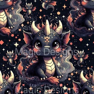 Könnte beinhalten: Ein sich wiederholendes Muster mit Cartoon-Drachen in Schwarz-, Grau- und Rottönen. Die Drachen haben große Augen, Hörner und Flügel, vor einem dunklen Hintergrund mit Sternen und geometrischen Formen. Der Text "Magic Designs" ist sichtbar.
