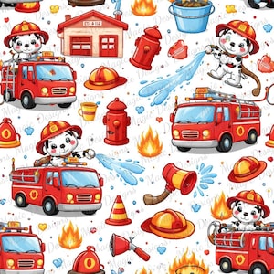 Könnte beinhalten: Ein nahtloses Muster mit Cartoon-Illustrationen von Feuerwehrautos, Dalmatiner-Welpen mit Feuerwehrhelmen, Hydranten, Flammen und Feuerwehrhelmen. Das Design umfasst Wasserspritzer, eine Feuerwache und ein Megaphon, alles in leuchtenden Farben.