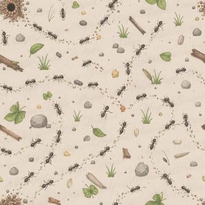 May include: A detailed illustration features a repeating pattern of black ants marching along dotted trails. The design includes small rocks, green leaves, grass, and wood pieces on a cream-colored background. The overall theme is nature and insects.