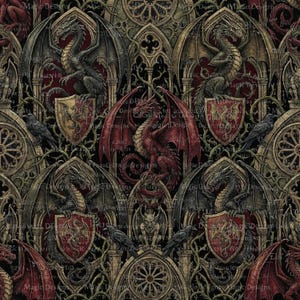 May include: A detailed gothic illustration featuring dragons, shields, and architectural elements. Dragons with red, grey, and green scales are depicted with outstretched wings. Shields with dragon emblems are present, along with ravens and intricate stained-glass windows.