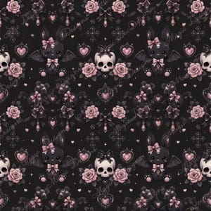 Könnte beinhalten: Ein nahtloses Muster auf schwarzem Hintergrund mit wiederkehrenden Illustrationen von schwarzen geflügelten Hasen mit rosa Schleifen und Totenkopfakzenten, weißen Totenköpfen, rosa Rosen, schwarzen Schleifen und kleinen rosa Herzen.