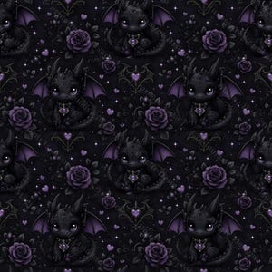 Könnte beinhalten: Ein sich wiederholendes Muster mit entzückenden schwarzen Drachen mit lila Flügeln und Schmuckakzenten. Das Design umfasst lila Rosen, Herzen und Sterne auf dunklem Hintergrund, wodurch ein gotisches Fantasy-Thema entsteht.