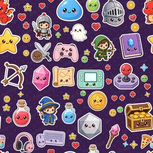 Könnte beinhalten: Ein nahtloses Muster auf dunkelviolettem Hintergrund mit verschiedenen niedlichen Gaming- und Fantasy-Symbolen im Cartoon-Stil, darunter ein Ritter, ein Zauberer, ein Bogenschütze, ein Geist, ein Schleim, eine Schatztruhe und Tränke.