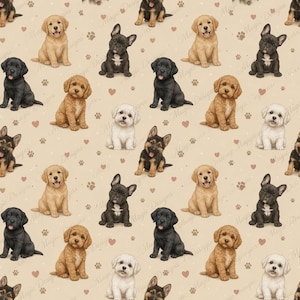 May include: A repeating pattern on a light beige background featuring various puppy breeds including golden retrievers, black labradors, french bulldogs, and white fluffy dogs, interspersed with small brown hearts and paw print icons throughout.