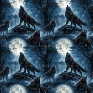 May include: A digital illustration depicts a seamless pattern of howling wolves under a full moon in a dark forest. The wolves are black with yellow eyes, standing on rocks. The background is a deep blue with bare trees and the text "Magic Designs".