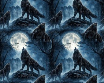 Patrón sin costuras PNG, patrón de hombre lobo, diseño de lobo del bosque oscuro, estética de luna llena, patrón de fantasía gótica