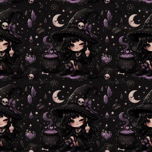 Könnte beinhalten: Ein sich wiederholendes Muster mit einer Cartoon-Hexe mit einem schwarzen Hut, der mit Totenköpfen und einer lila Schleife verziert ist. Die Hexe zeigt den Mittelfinger. Das Design umfasst Kessel mit dem Text "BAD WITCH", Halbmonde und Kristalle auf schwarzem Hintergrund.