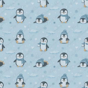 Puede incluir: Un fondo azul claro con un patrón repetitivo de pingüinos de dibujos animados. Los pingüinos llevan gorros y bufandas azules. Copos de nieve blancos y témpanos de hielo salpican el diseño.