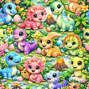 Könnte beinhalten: Ein lebendiges, farbenfrohes Muster mit zahlreichen Cartoon-Dinosauriern in verschiedenen Farben, darunter Blau, Rosa, Grün und Orange. Die Dinosaurier sind von Blumen, Eiern und Vulkanen umgeben, was ein verspieltes und skurriles Design ergibt.