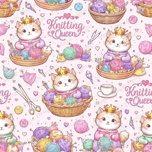 Könnte beinhalten: Nahtloses Muster mit Cartoon-Katzen mit Kronen, Garnknäueln, Stricknadeln und dem Text "Knitting Queen" auf rosa Hintergrund. Die Katzen befinden sich in Körben voller Garn.
