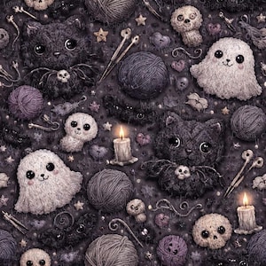 Könnte beinhalten: Ein dunkles, skurriles Muster mit gehäkelten Halloween-Figuren. Enthält schwarze Katzen mit Spinnenflügeln, Geister, Totenköpfe, Wollknäuel, Stricknadeln und brennende Kerzen. Die Farbpalette ist hauptsächlich Dunkelgrau, Lila und Weiß.