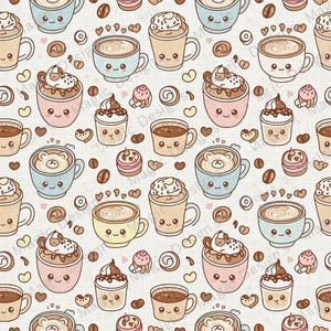 Könnte beinhalten: Ein sich wiederholendes Muster aus niedlichen Kaffeetassen, Lattes und Gebäck auf cremefarbenem Hintergrund. Die Kaffeetassen sind in verschiedenen Farben, darunter Blau, Rosa und Beige, mit entzückenden Gesichtern. Das Design umfasst Kaffeebohnen und Herzformen.