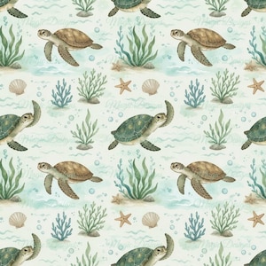 Könnte beinhalten: Ein sich wiederholendes Muster mit Aquarellillustrationen von Meeresschildkröten, die zwischen grünem Seegras, Seesternen und Muscheln auf hellem Grund schwimmen. Das Design enthält kleine Blasen und den Text Magic Designs.