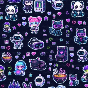 Könnte beinhalten: Ein nahtloses Muster mit verschiedenen digitalen Aufklebern auf dunklem Hintergrund, darunter Pandas mit Kopfhörern, Roboter, Katzen mit Neonmustern, Spielkonsolen, VR-Headsets, Spielautomaten, Ramen-Schüsseln und bunte Herzen.