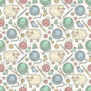 Könnte beinhalten: Ein sich wiederholendes Muster mit Cartoon-Schafen, Wollknäueln, Stricknadeln, Häkelnadeln, Knöpfen, Socken und Mützen in Pastellfarben. Das Design ist skurril und für Bastelprojekte geeignet.