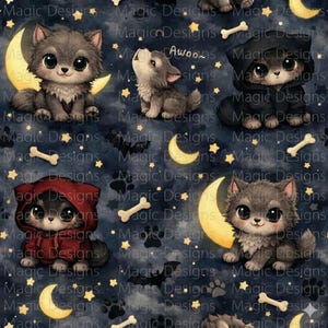 May include: A repeating pattern featuring cartoon wolves, moons, stars, and bones on a dark blue background. Some wolves are wearing hoods. The word "Awooo" is visible. The design has a whimsical, Halloween-themed aesthetic.