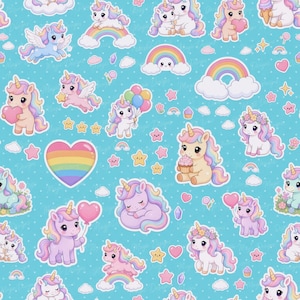 Könnte beinhalten: Ein nahtloses Muster auf hellblauem Hintergrund mit weißen Punkten, das verschiedene Illustrationen von Einhörnern, Regenbögen, Herzen, Sternen, Cupcakes und Luftballons in Pastellfarben zeigt. Die Einhörner haben bunte Mähnen und Schweife.