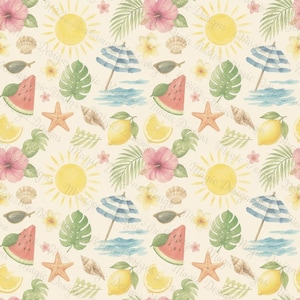 Könnte beinhalten: Ein sich wiederholendes Muster auf cremefarbenem Hintergrund mit Aquarellillustrationen von gelben Sonnen, rosa Hibiskusblüten, blau-weiß gestreiften Sonnenschirmen, grünen Monstera-Blättern, Wassermelonenscheiben, Seesternen, Muscheln und Zitronen.