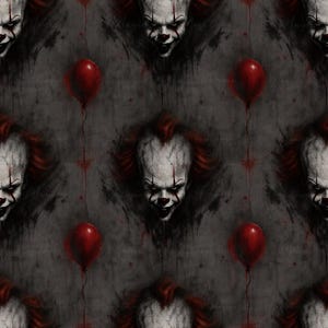 Könnte beinhalten: Ein sich wiederholendes Muster mit einem unheimlichen Clowngesicht mit roten Haaren und einem weißen Gesicht mit roten Akzenten. Rote Ballons schweben vor einem dunkelgrauen Hintergrund mit roten Spritzern. Das Gesamtthema ist Horror.