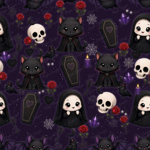 Cute Gothic Seamless Pattern, Vampire Cat Digital Paper, Kawaii Witchy Fabric Print, Dark Fantasy Halloween Repeat Pattern PNG