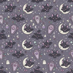 Puede incluir: Un patrón continuo sobre un fondo gris oscuro con murciélagos de dibujos animados, ataúdes de color violeta claro con motivos de corazones, lunas crecientes blancas, fantasmas pequeños, calaveras, estrellas, lazos y frascos de pociones.