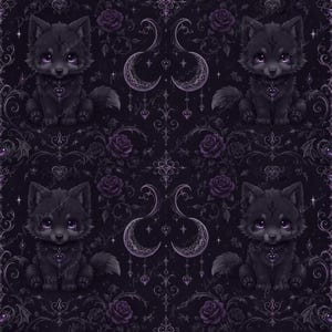 May include: A repeating pattern featuring four cartoon wolf pups with purple eyes and heart-shaped pendants. The background is a dark purple with roses, crescent moons, and ornate scrollwork. The overall design has a gothic or fantasy theme.
