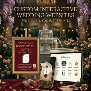 Puede incluir: Una pantalla digital que muestra sitios web de bodas interactivos personalizados con un letrero enmarcado en oro que anuncia una invitación PDF gratuita. La pantalla presenta una línea de tiempo de boda con iconos para ceremonia y recepción.