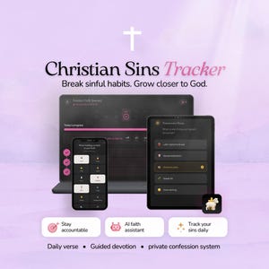 May include: A digital Christian Sins Tracker app is displayed on a laptop, tablet, and smartphone. The app features a cross icon, the text "Christian Sins Tracker," and options for daily verse, guided devotion, and a private confession system.