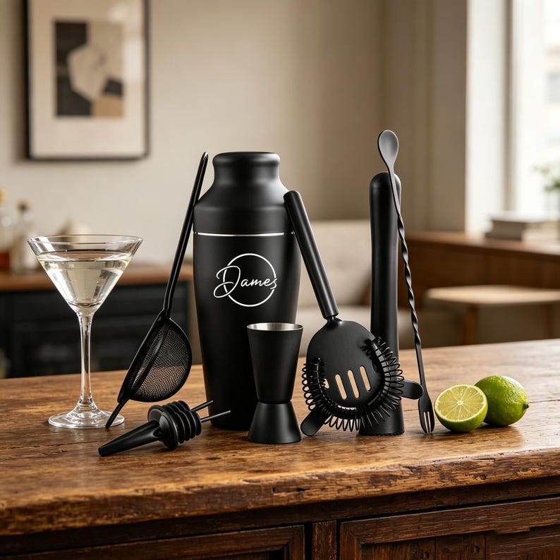 Conjunto de 9 peças de coqueteleira/mixer de bebidas alcoólicas em aço gravado preto fosco, utensílios de bar personalizados, ferramentas de barman, presente para ele. imagem 3