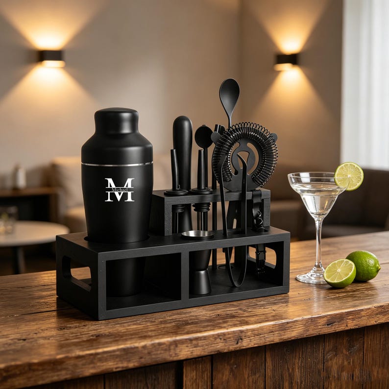 Pode incluir: Um conjunto de ferramentas de bar pretas com uma coqueteleira, um medidor e um coador, exibido em um balc&atilde;o de madeira. A coqueteleira tem uma faixa prateada e um monograma branco. Um copo de martini com uma fatia de lim&atilde;o e duas limas est&atilde;o no balc&atilde;o.