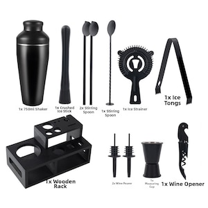 Conjunto de 9 peças de coqueteleira/mixer de bebidas alcoólicas em aço gravado preto fosco, utensílios de bar personalizados, ferramentas de barman, presente para ele. imagem 5