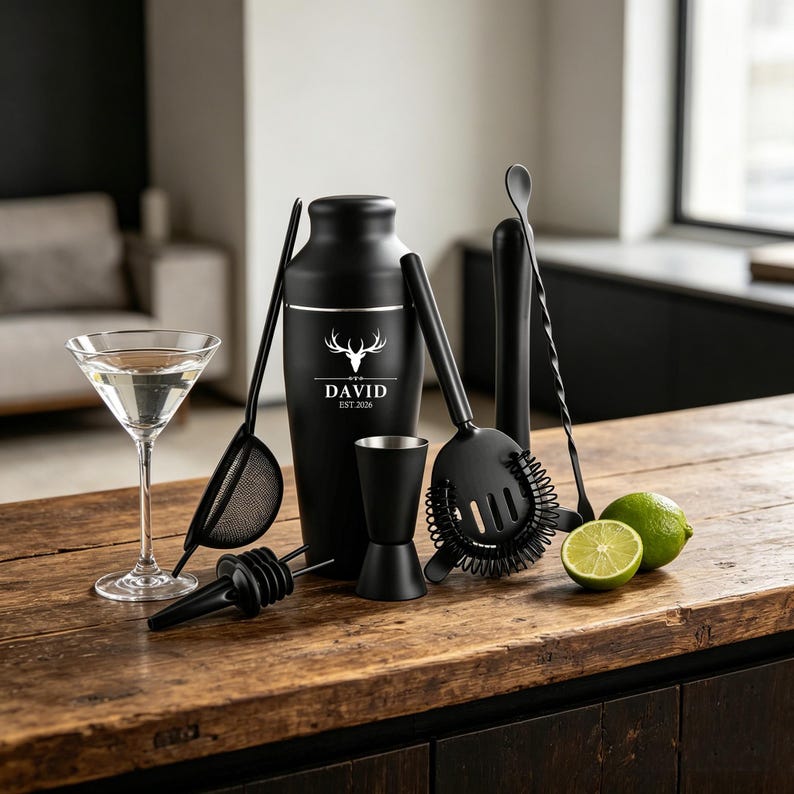 Conjunto de 9 peças de coqueteleira/mixer de bebidas alcoólicas em aço gravado preto fosco, utensílios de bar personalizados, ferramentas de barman, presente para ele. imagem 2