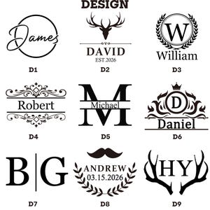 Pode incluir: Uma cole&ccedil;&atilde;o de op&ccedil;&otilde;es de design em preto e branco para itens personalizados. Os designs incluem nomes, iniciais e elementos decorativos como chifres, bigodes e coroas de louro. O texto inclui nomes como James, David, William, Robert, Michael, Daniel, Andrew e iniciais.