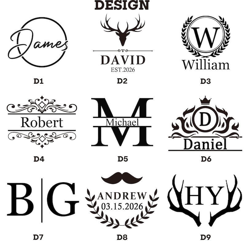 Pode incluir: Uma cole&ccedil;&atilde;o de op&ccedil;&otilde;es de design em preto e branco para itens personalizados. Os designs incluem nomes, iniciais e elementos decorativos como chifres, bigodes e coroas de louro. O texto inclui nomes como James, David, William, Robert, Michael, Daniel, Andrew e iniciais.