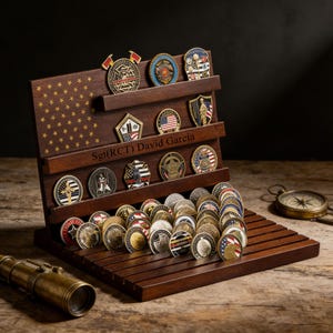 Puede incluir: Un expositor de monedas de madera oscura con un diseño de bandera estadounidense y el nombre "Sgt(RCT) David Garcia" grabado. El expositor contiene numerosas monedas de colección de varios diseños y colores, mostrando una colección.