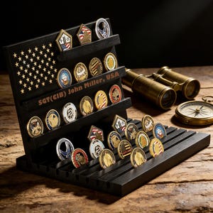 Challenge Coin Display Stand – Wooden Military Coin Holder Rack for 80 Coins, Custom Engraved, Veteran Gift, Collector’s Display Shelf