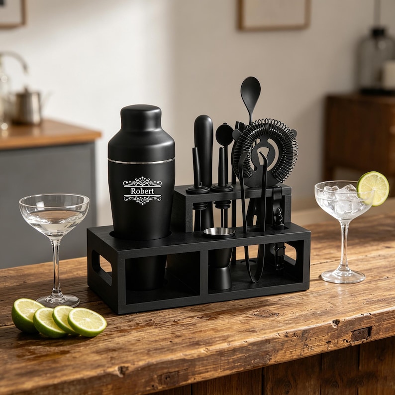 Pode incluir: Um conjunto de bar de coquet&eacute;is preto com um shaker, um medidor, uma colher e um coador, disposto sobre uma superf&iacute;cie de madeira. O shaker &eacute; gravado com o nome "Robert". Dois copos de coquetel e fatias de lim&atilde;o tamb&eacute;m est&atilde;o presentes.