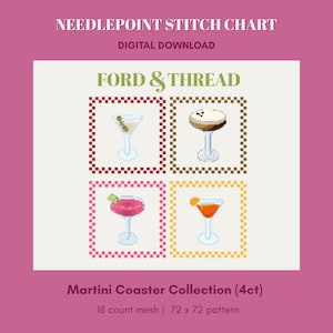 Puede incluir: Un gráfico de punto de cruz digital con cuatro diseños de posavasos de martini. La imagen incluye el texto "FORD & THREAD" y "Martini Coaster Collection (4ct)". El patrón es de 72 x 72 puntadas en malla de 18.