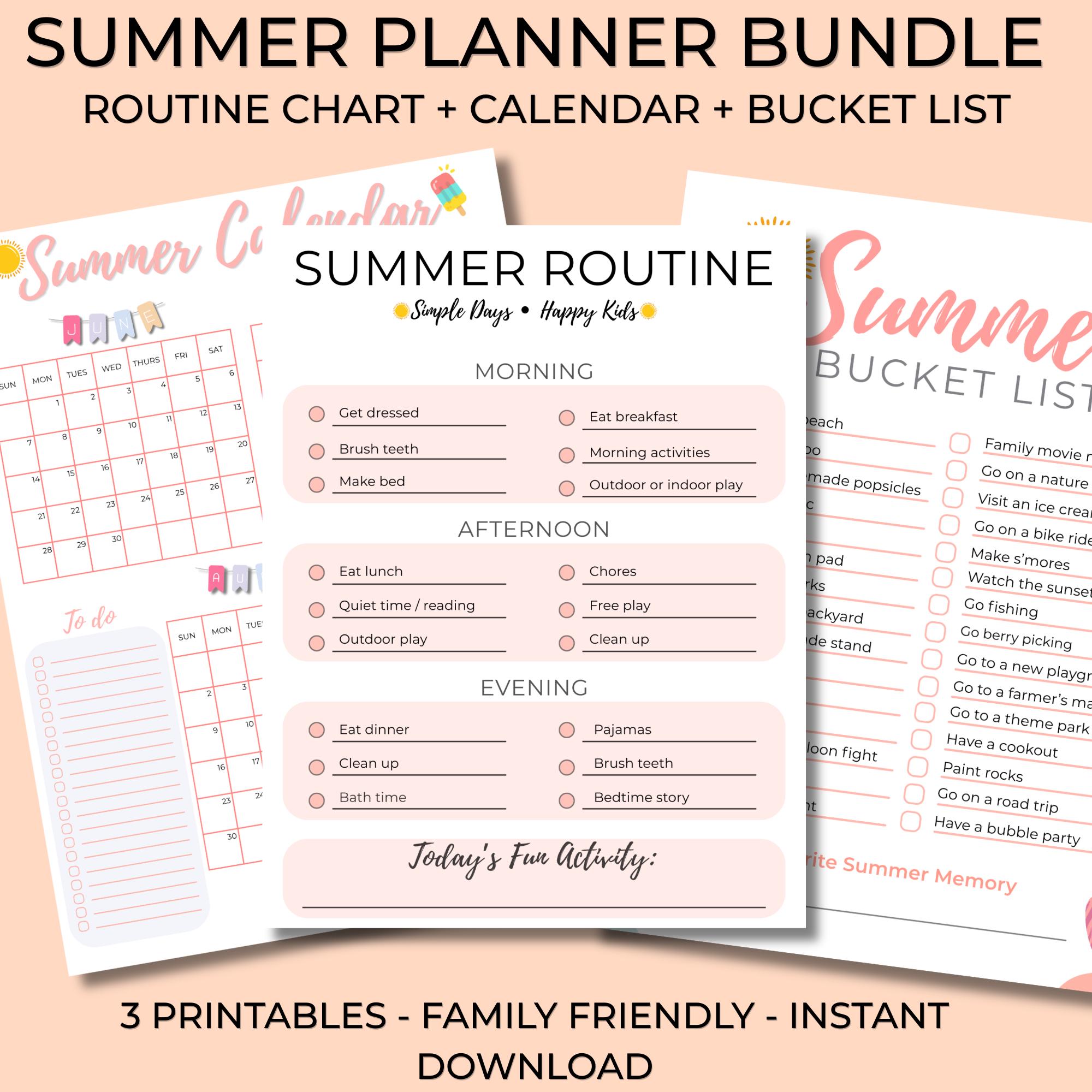 Summer Routine Bundle, June-august Calendar, Bucket List Printable ...