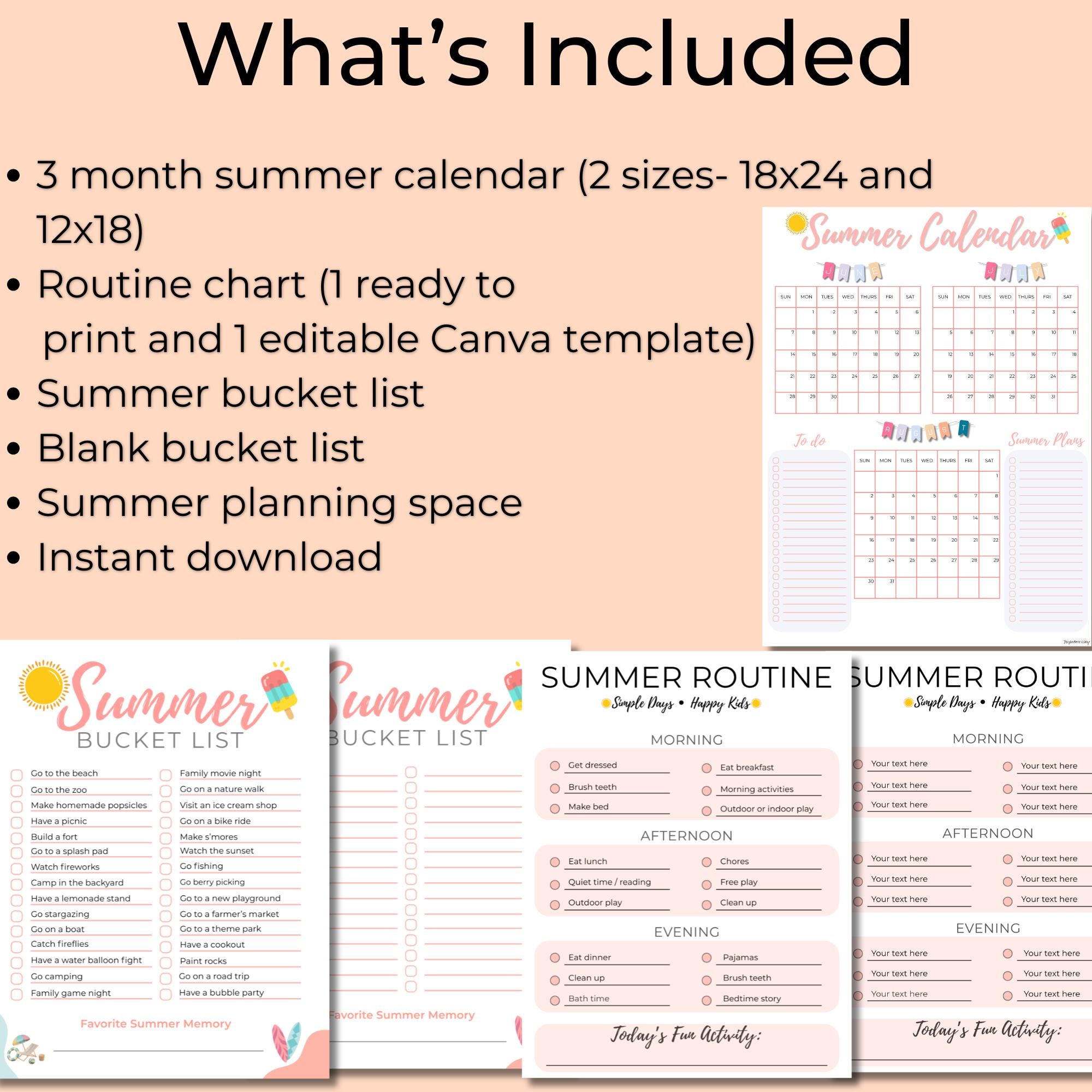 Summer Routine Bundle, June-august Calendar, Bucket List Printable ...