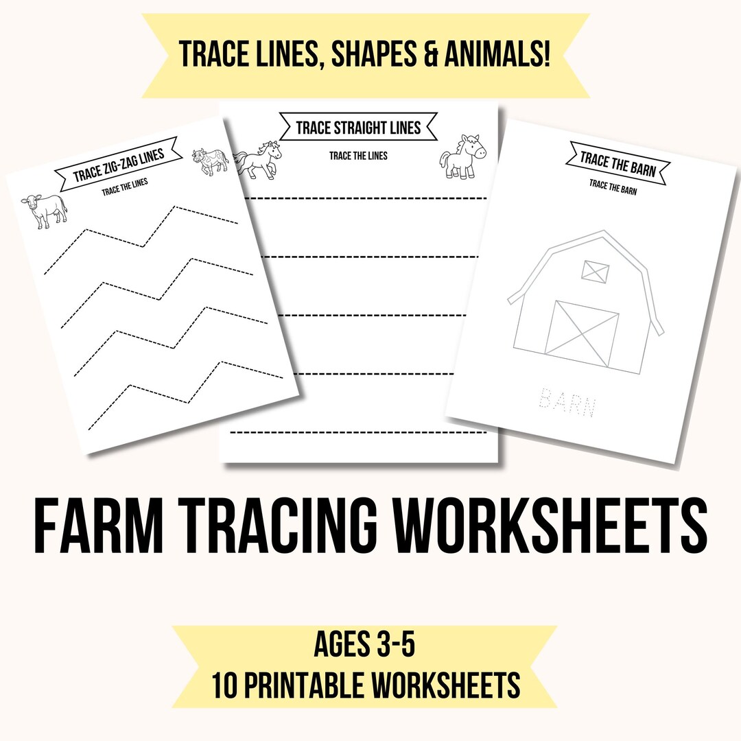 Farm Tracing Worksheets, Lines, Shapes, Animals, Numbers (ages 3-5) - Etsy
