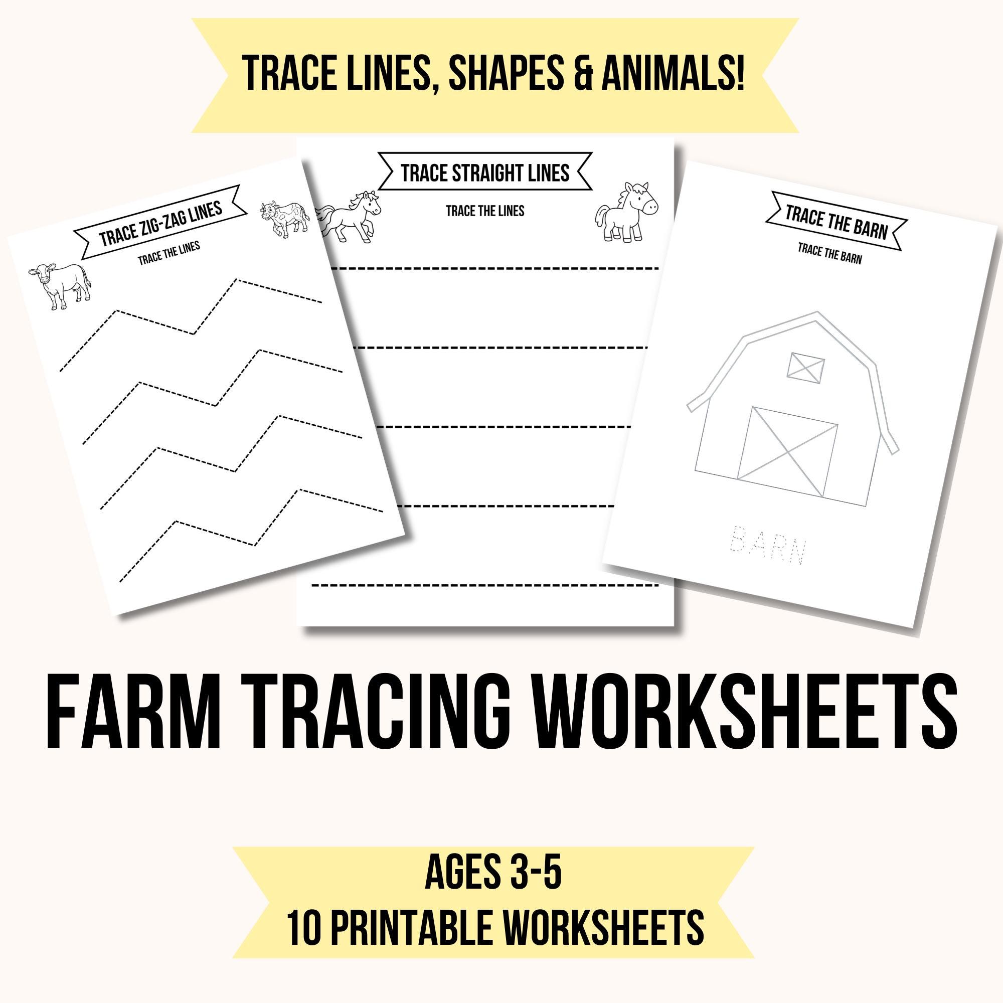 Farm Tracing Worksheets, Lines, Shapes, Animals, Numbers (ages 3-5) - Etsy