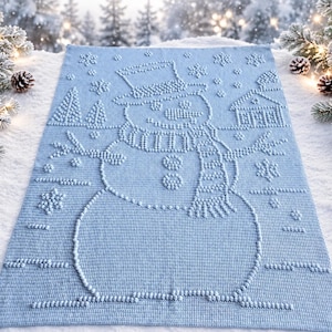 May include: A light blue rectangular rug with a snowman design. The snowman wears a top hat and scarf, surrounded by snowflakes, a house, and trees. The rug is made of a textured material, ideal for winter decor.