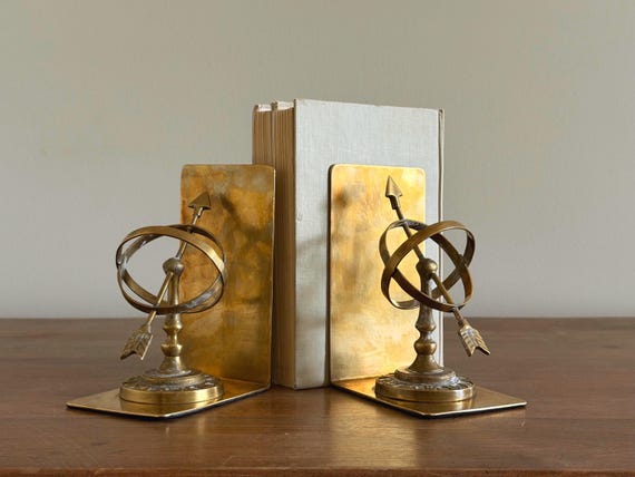 Vintage Brass Bookend Pair | Celestial Armillary Sundial Brass Bookends