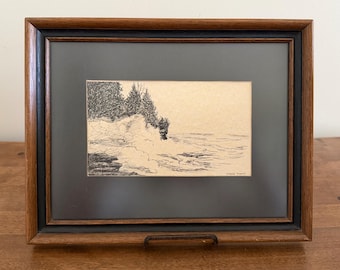 Vintage Custom Framed Original Coastal Art | Signed and Dated Ink Drawing