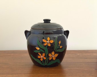 Vintage Stoneware Hand-Painted Cookie Jar | Black with Orange Flowers